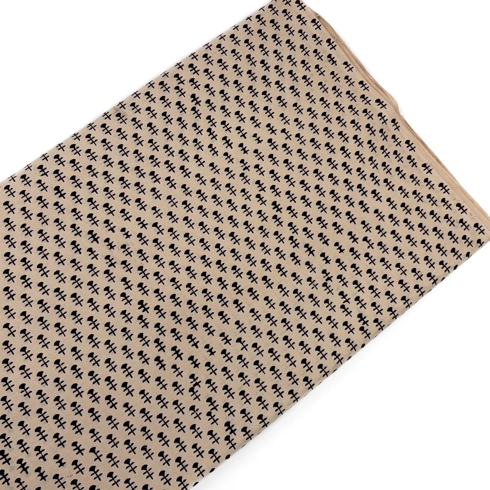 Beige Black Buti Bagru Hand Block Printed Cotton Fabric