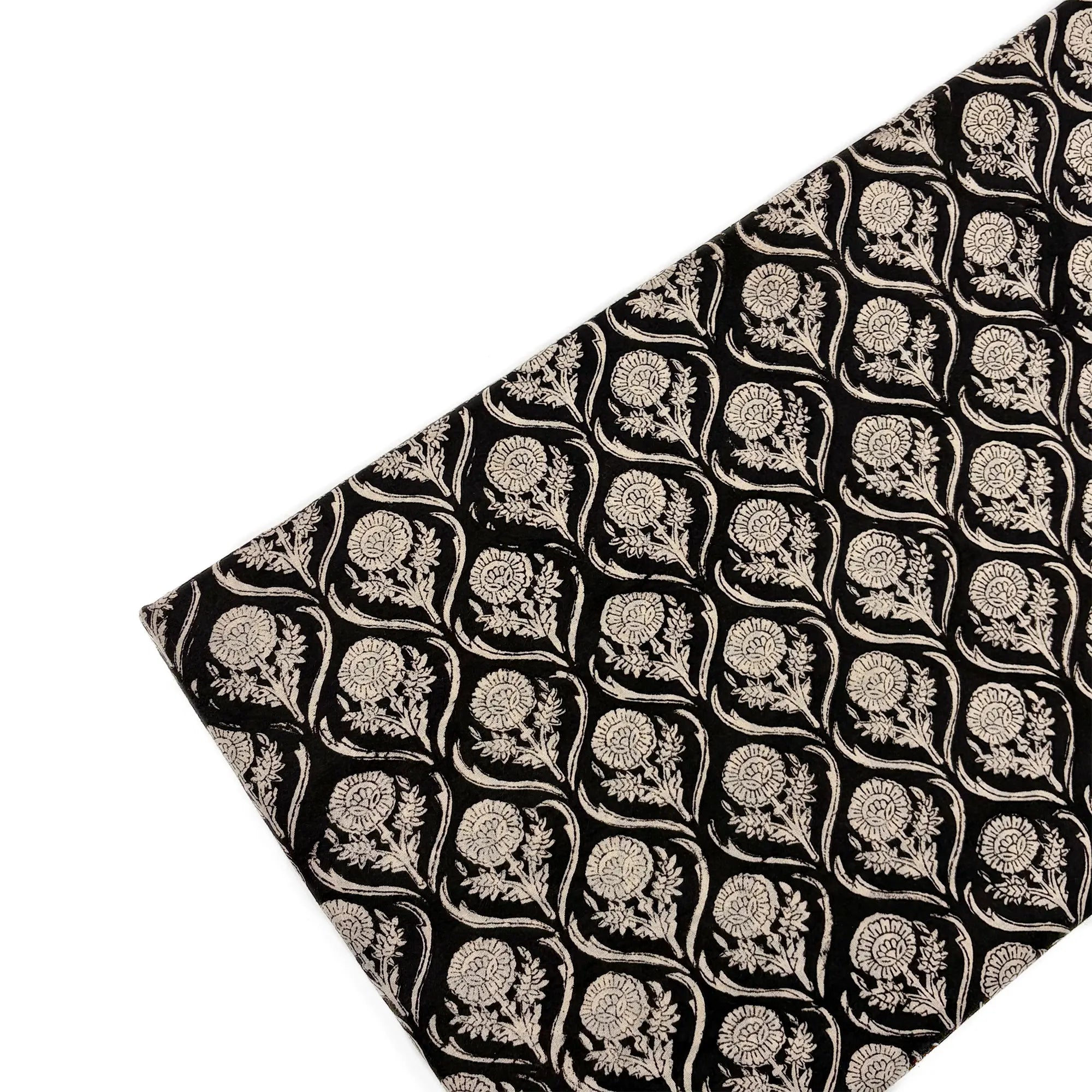 Black Aranya Leaf Bagru Hand Block Printed Cotton Fabric