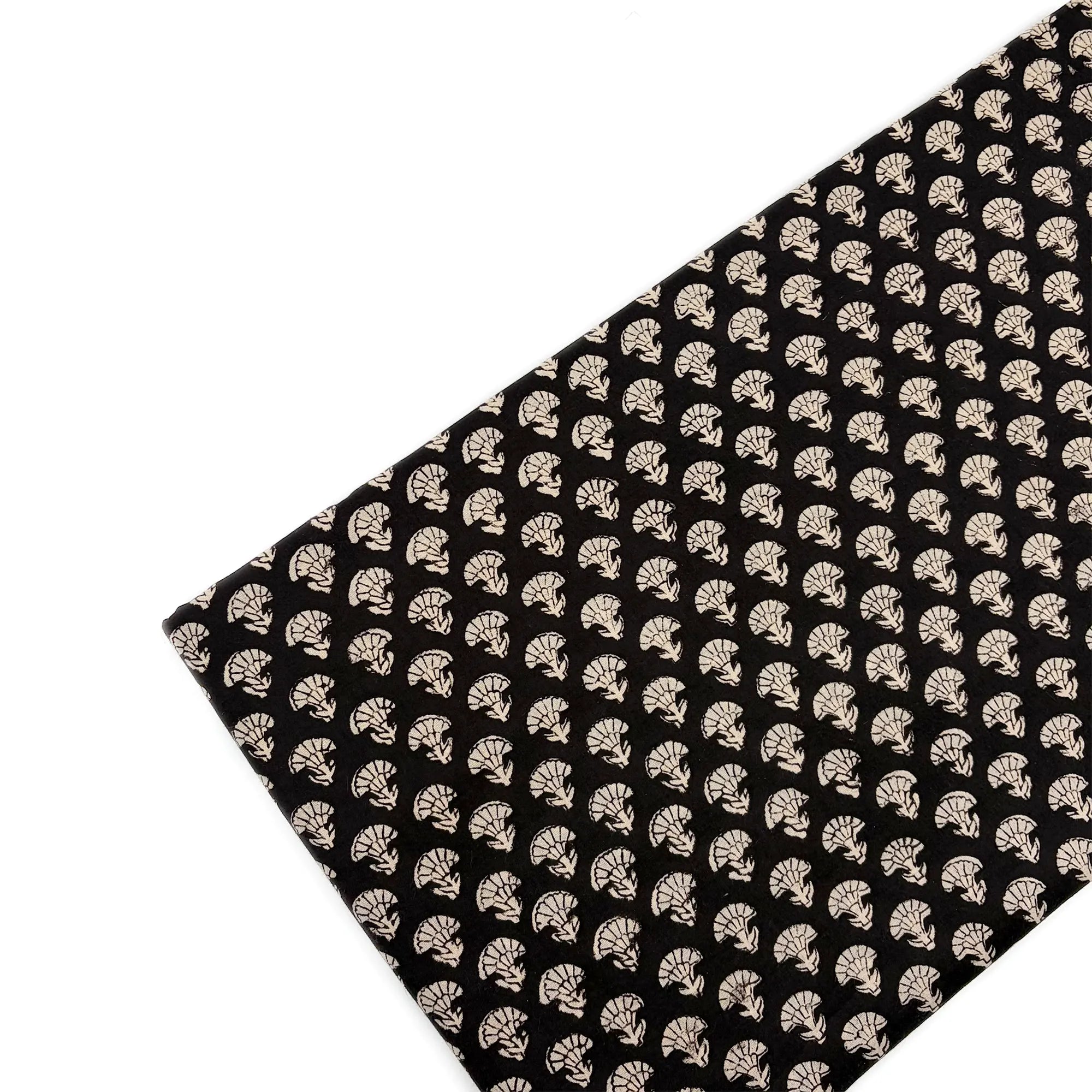 Black Fan Buti Bagru Hand Block Printed Cotton Fabric