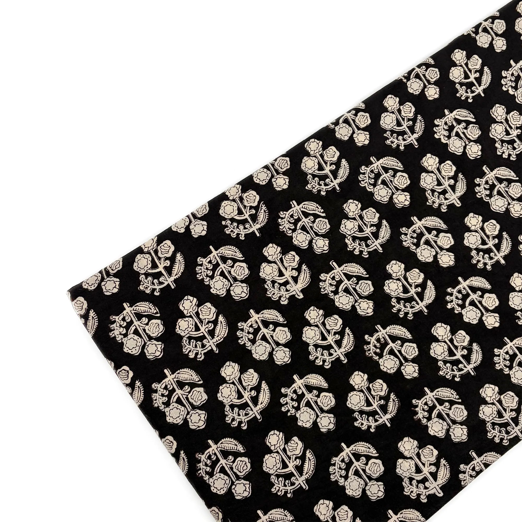 Black Floral Buta Bagru Hand Block Printed Cotton Fabric