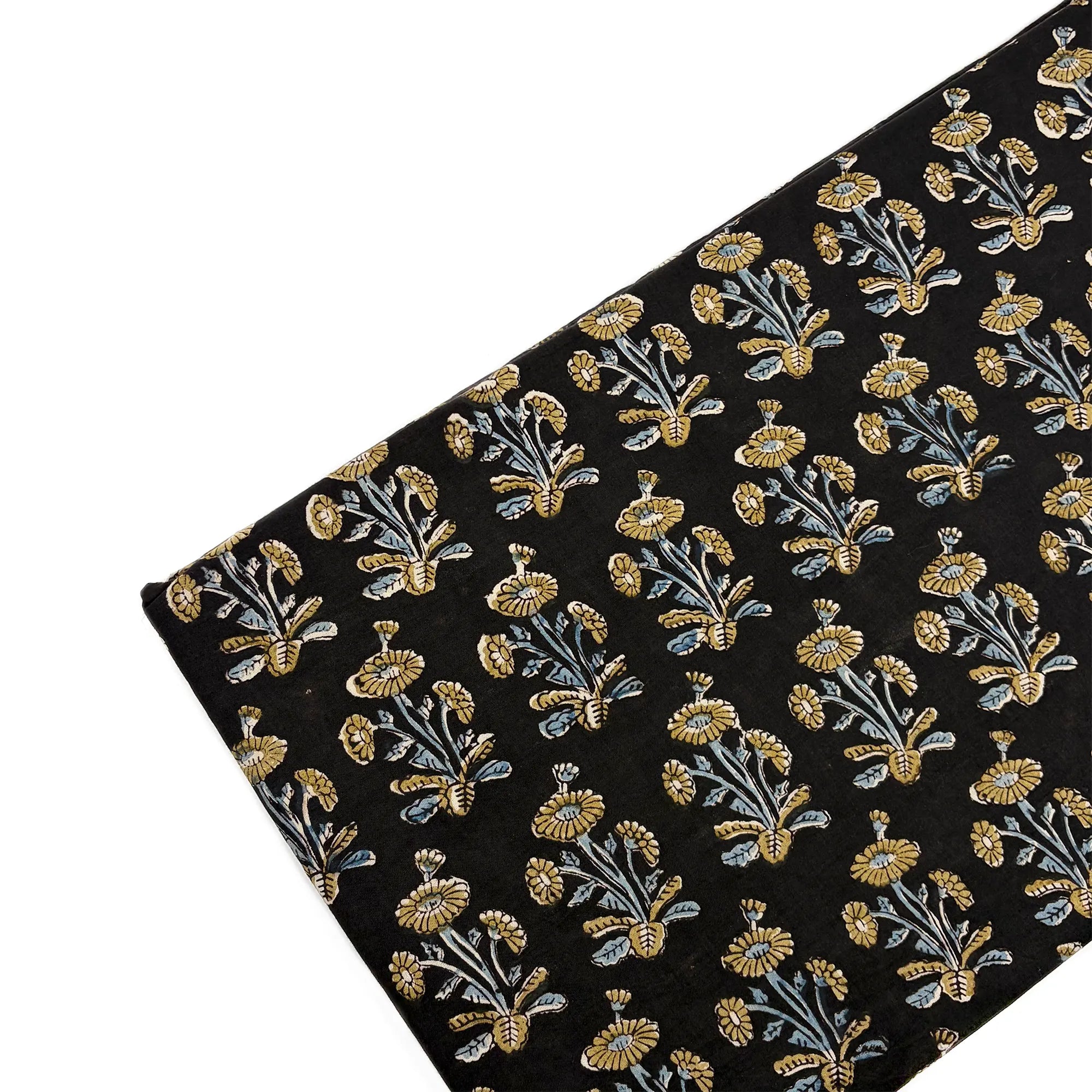 Black Floral Sprig Bagru Hand Block Printed Cotton Fabric