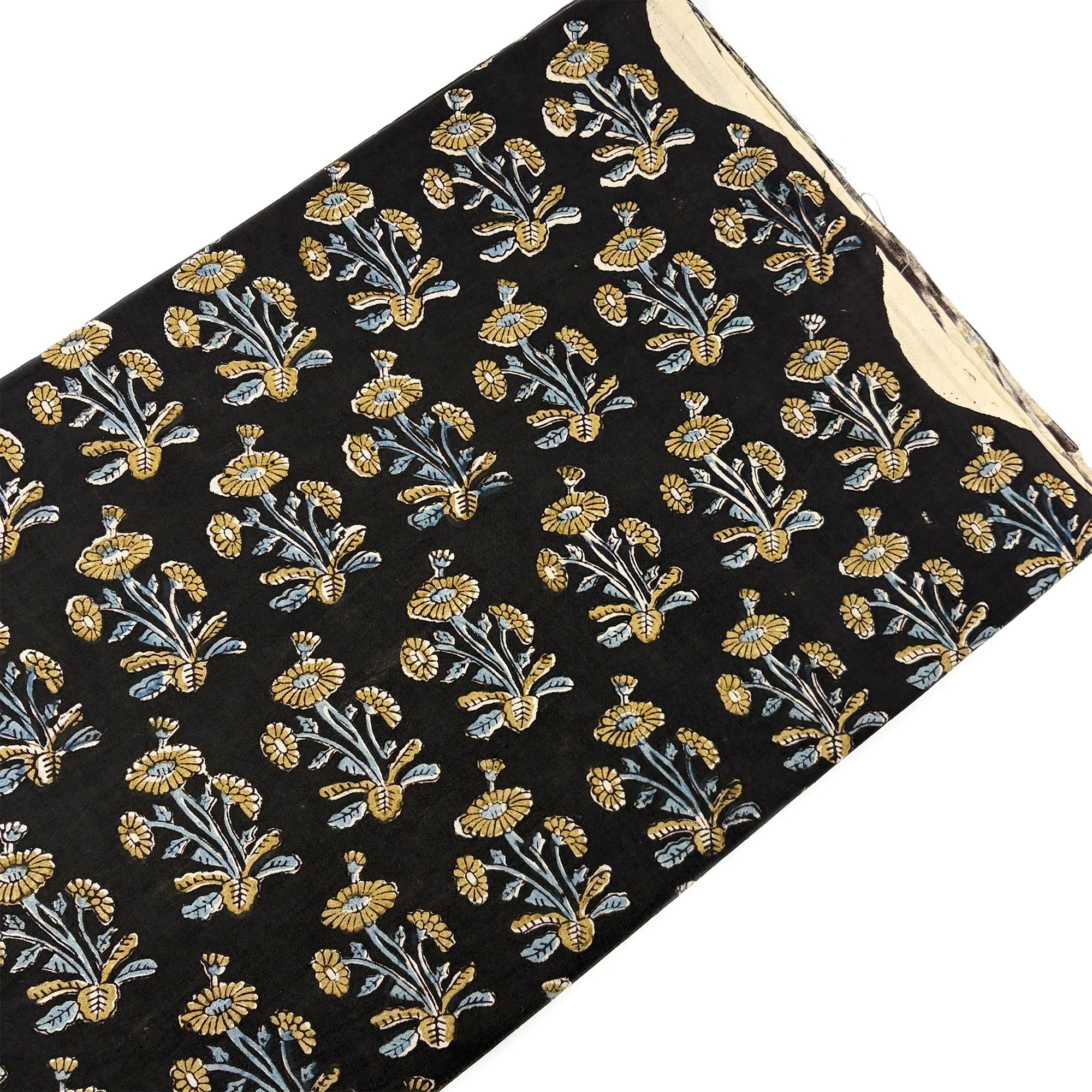 Black Floral Sprig Bagru Hand Block Printed Cotton Fabric