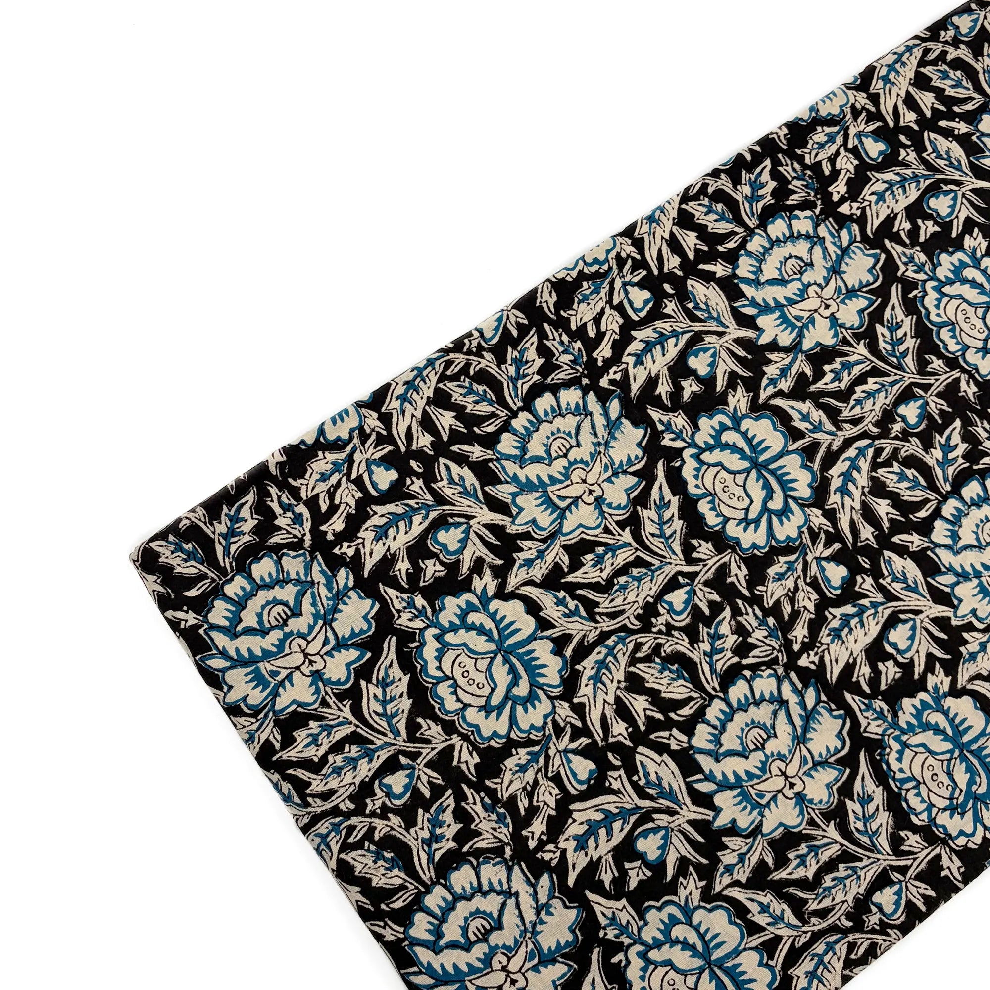 Black Floral Stripe Bagru Hand Block Printed Cotton Fabric