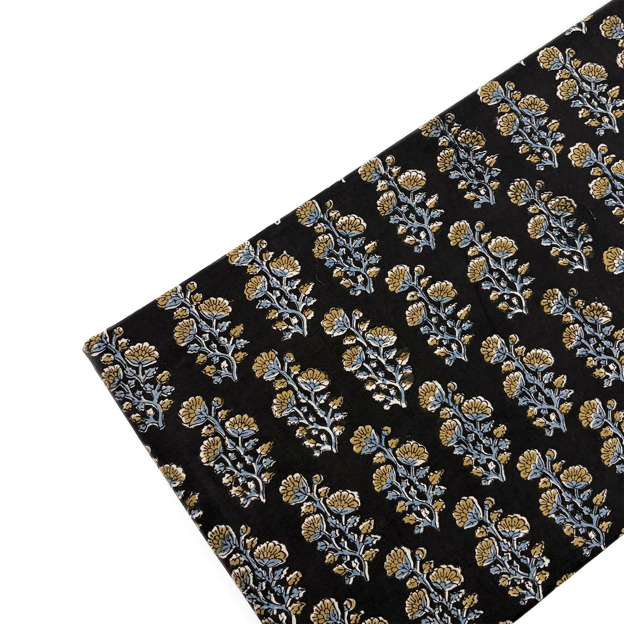 Black Flower Buta Bagru Hand Block Printed Cotton Fabric