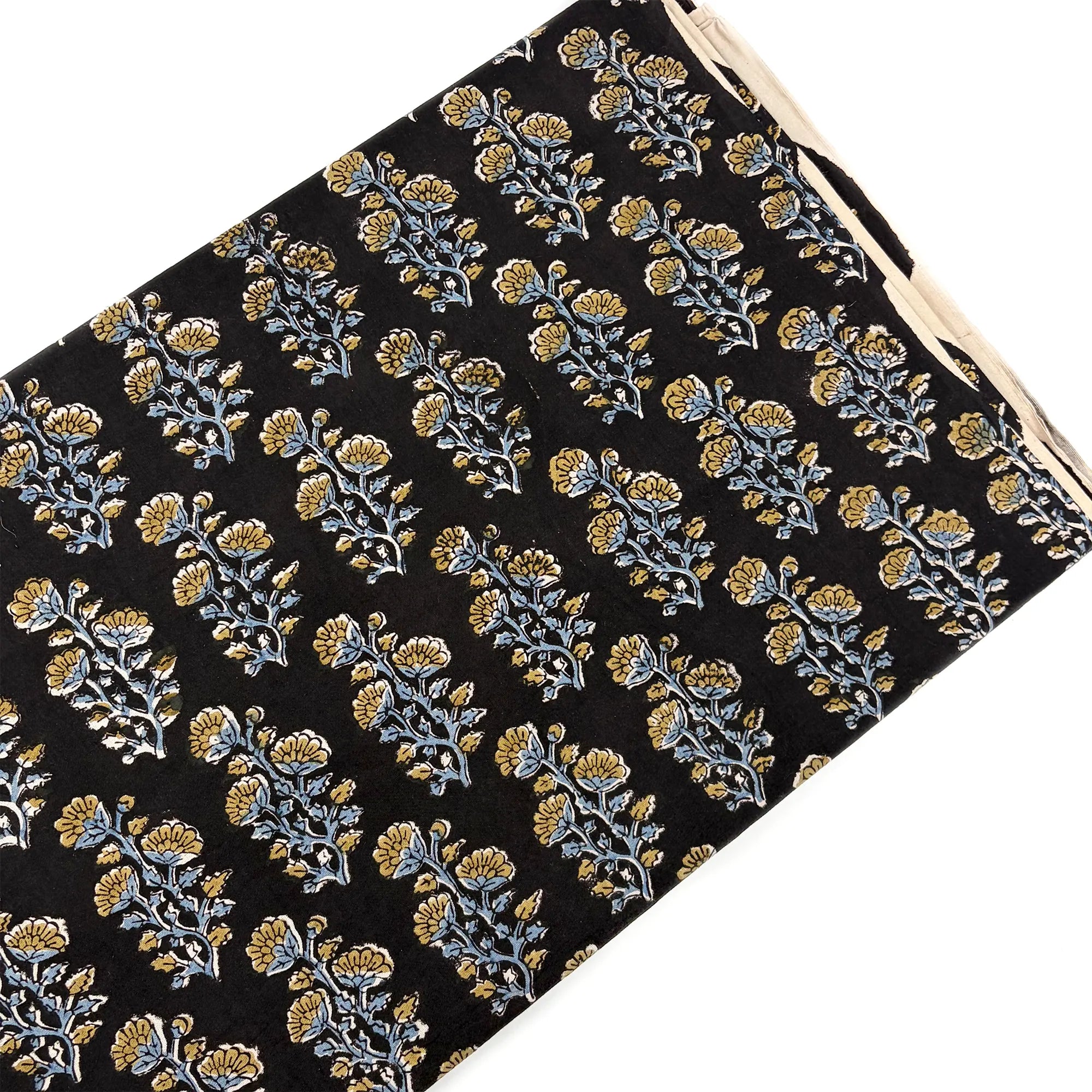 Black Flower Buta Bagru Hand Block Printed Cotton Fabric