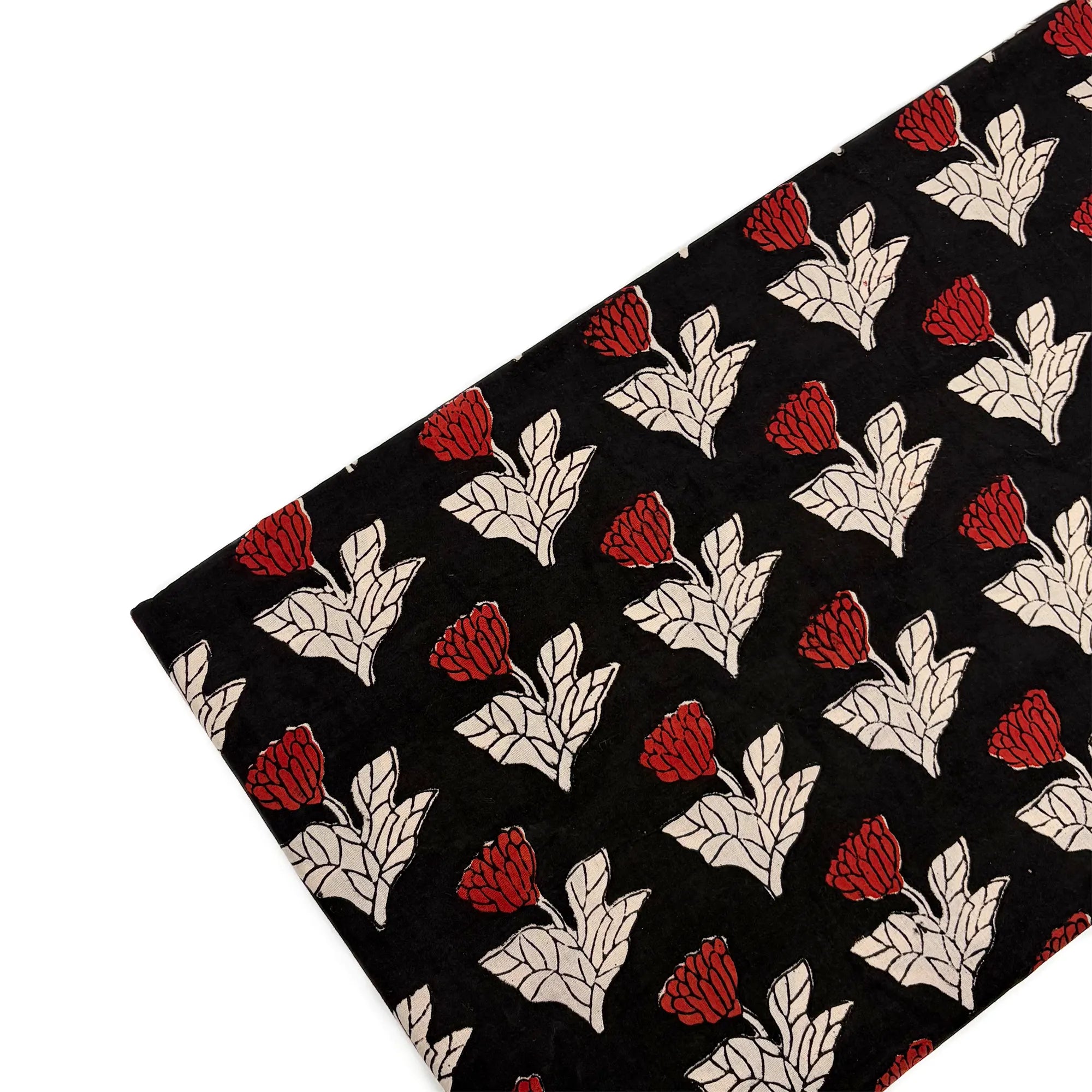 Black Tulip Buta Bagru Hand Block Printed Cotton Fabric
