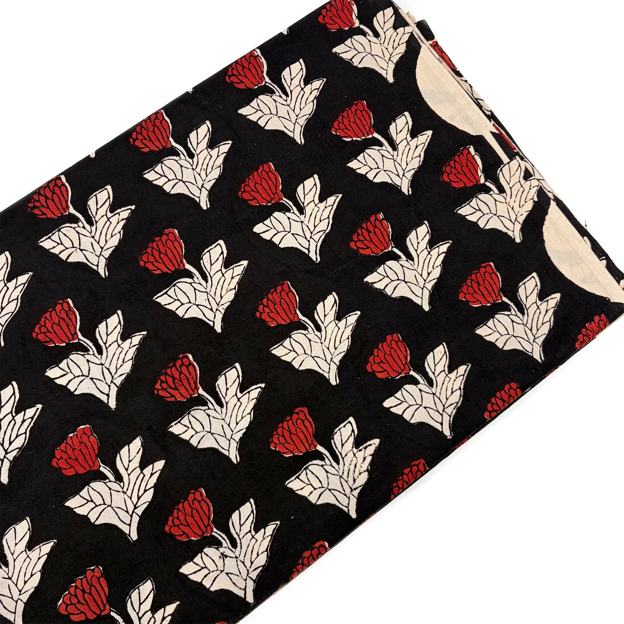 Black Tulip Buta Bagru Hand Block Printed Cotton Fabric