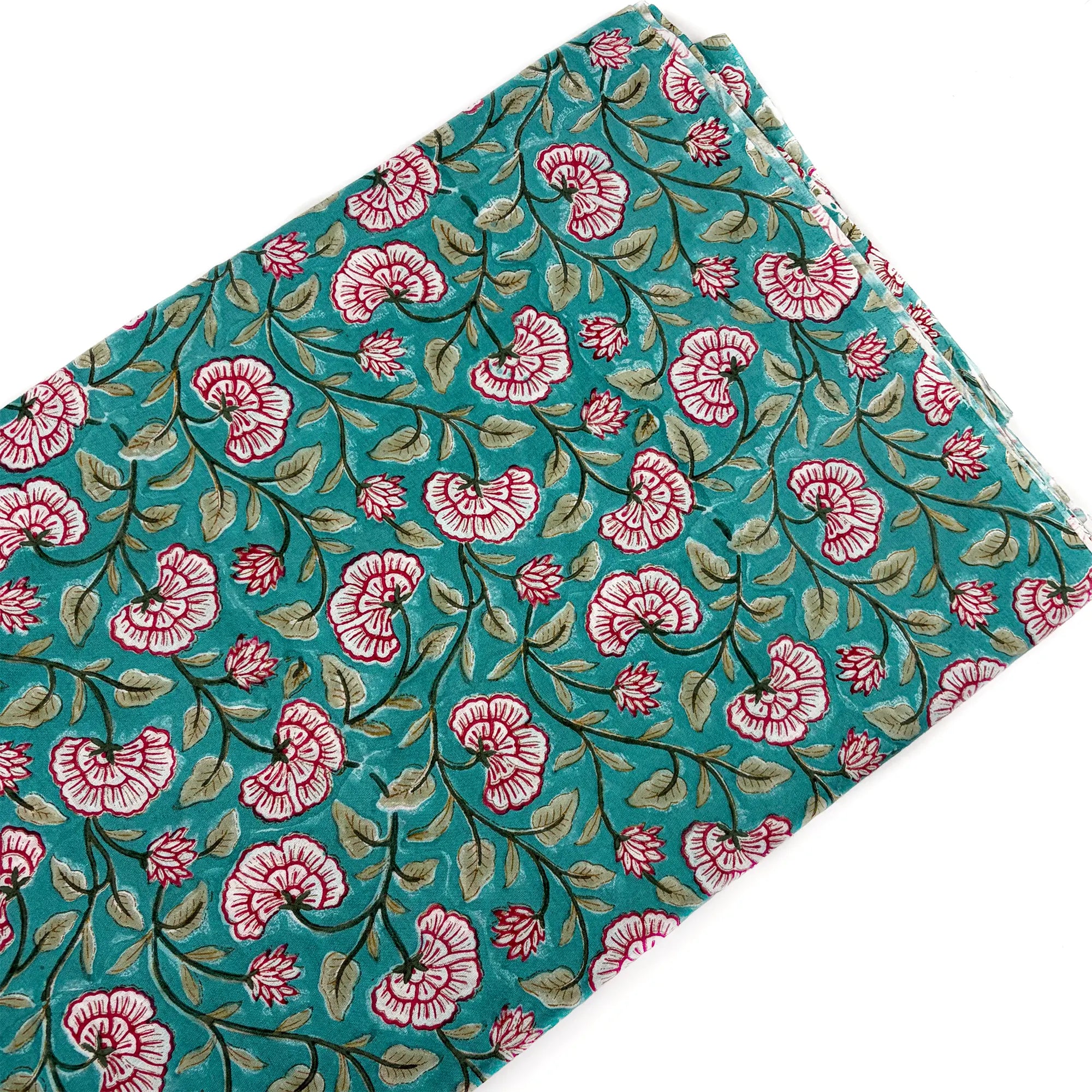 Green Floral Jaal Mughal Hand Block Printed Cotton Fabric