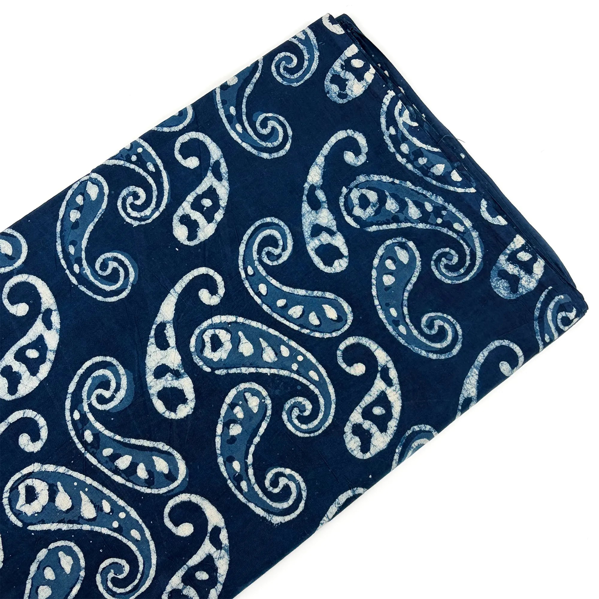 White Indigo Paisley Hand Block Printed Cotton Fabric