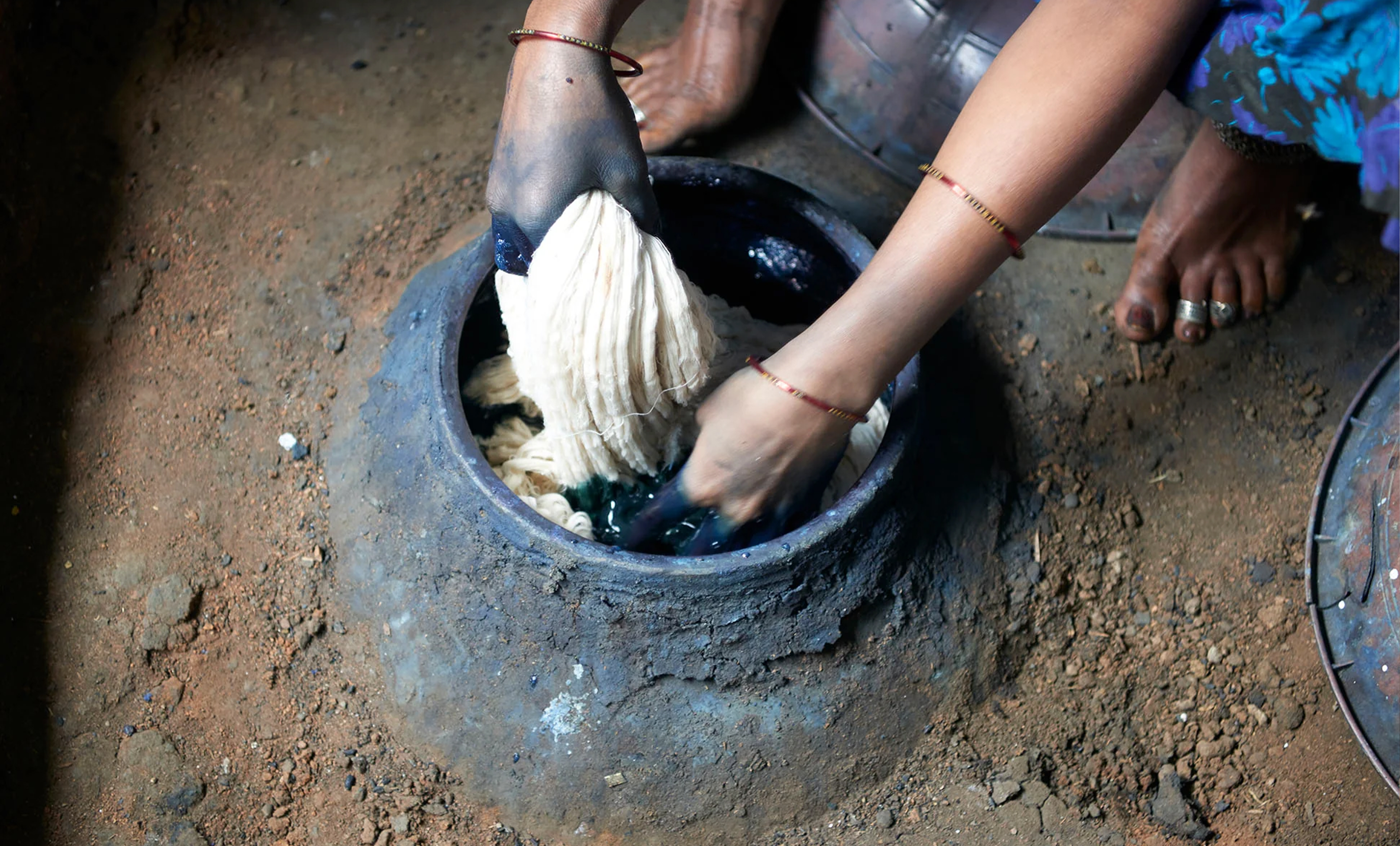 The indigo vat is where the dyeing process begins.