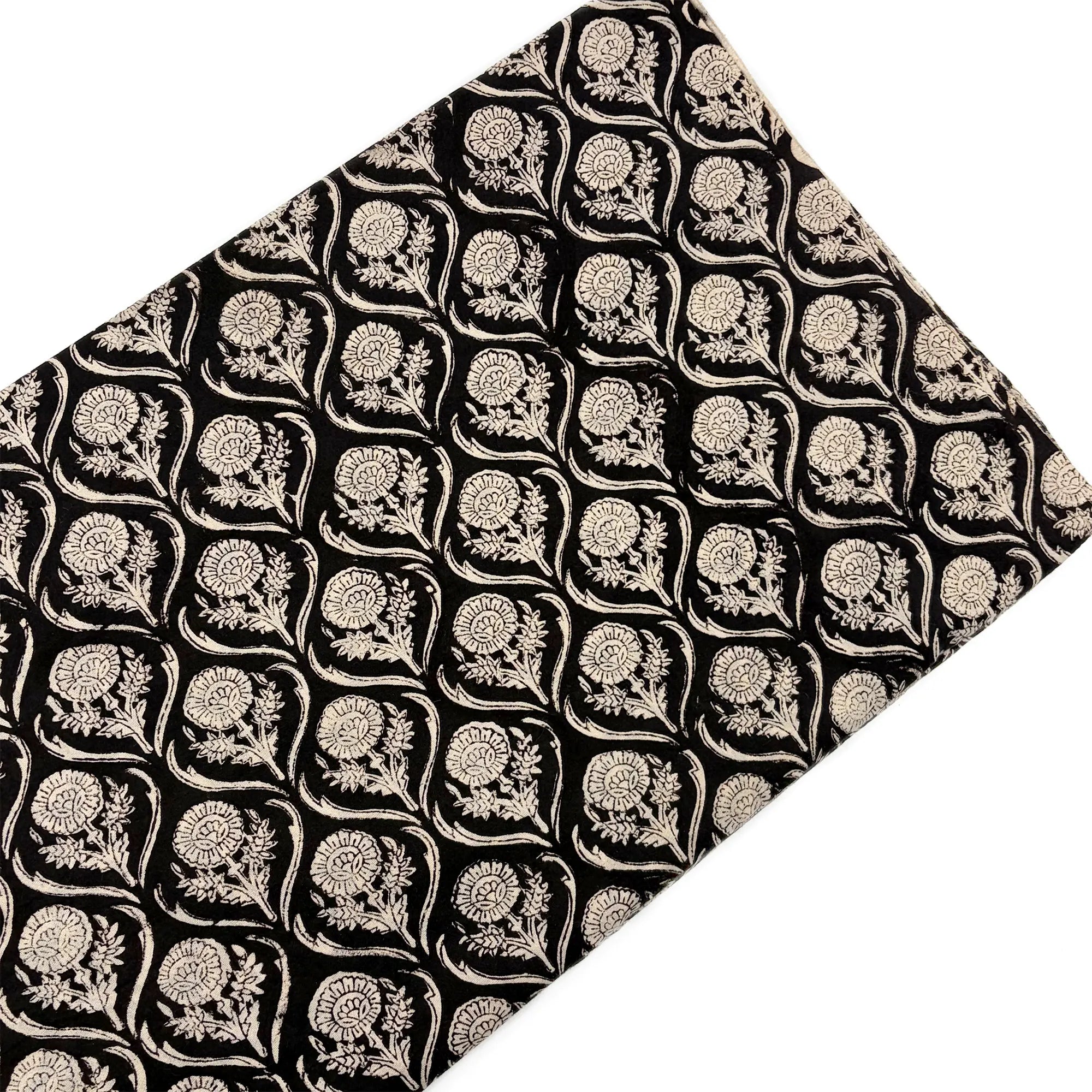 Black Aranya Leaf Bagru Hand Block Printed Cotton Fabric