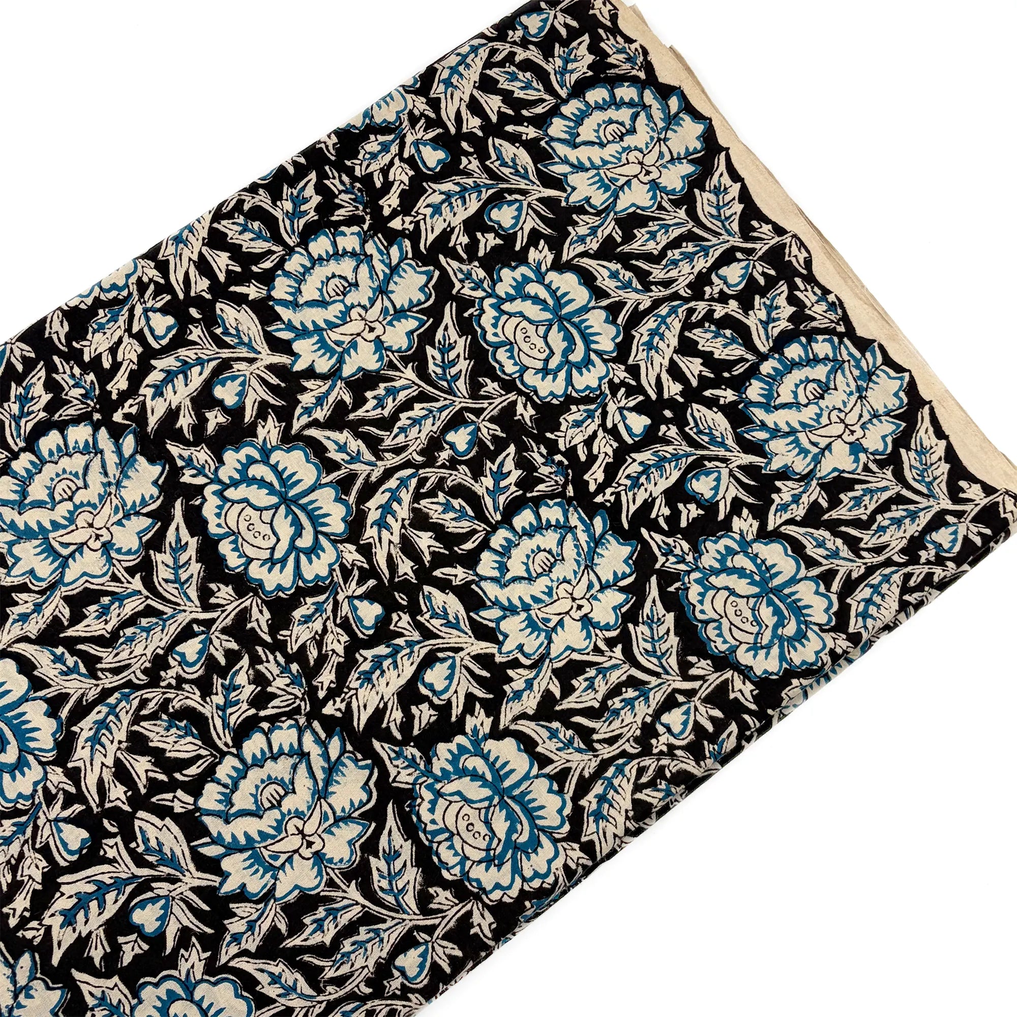 Black Floral Stripe Bagru Hand Block Printed Cotton Fabric