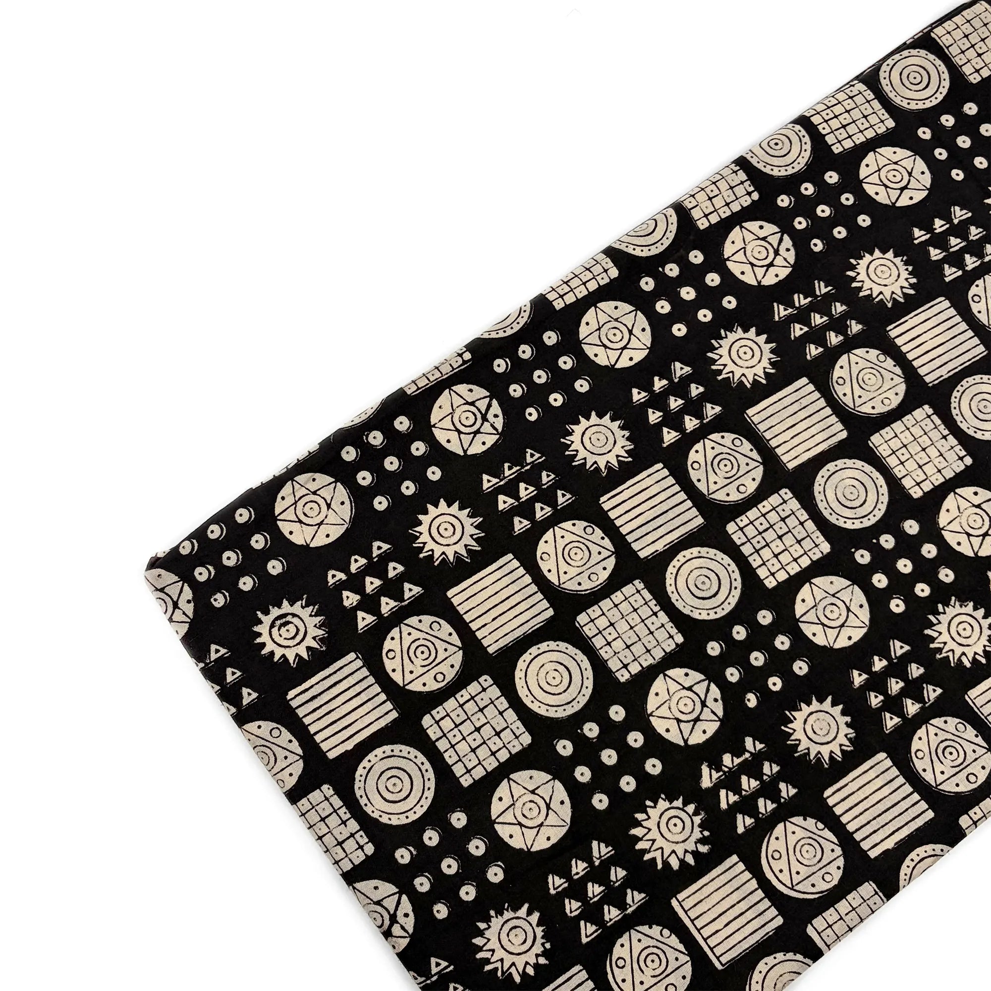 Black Geometric Mandala Bagru Hand Block Printed Cotton Fabric