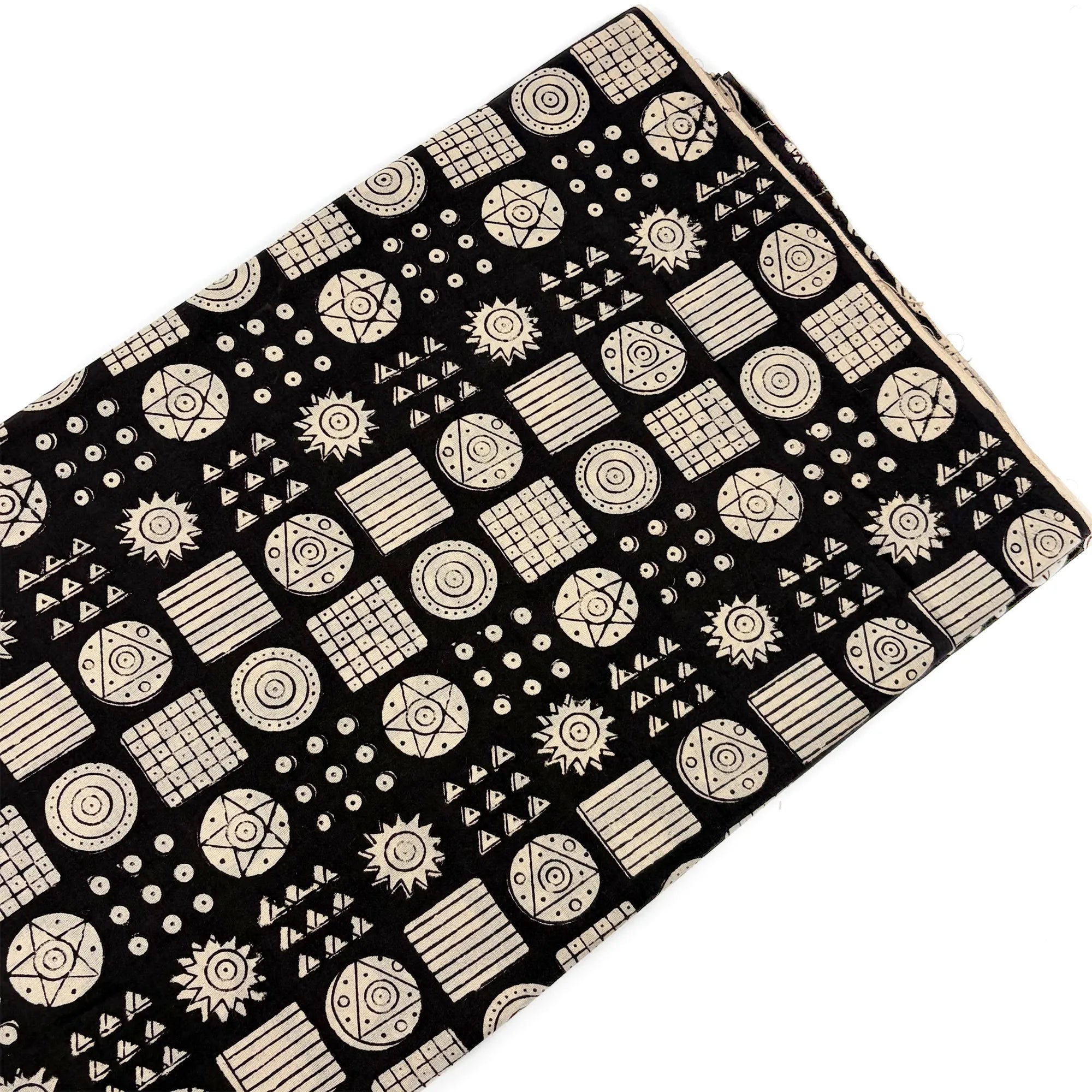 Black Geometric Mandala Bagru Hand Block Printed Cotton Fabric
