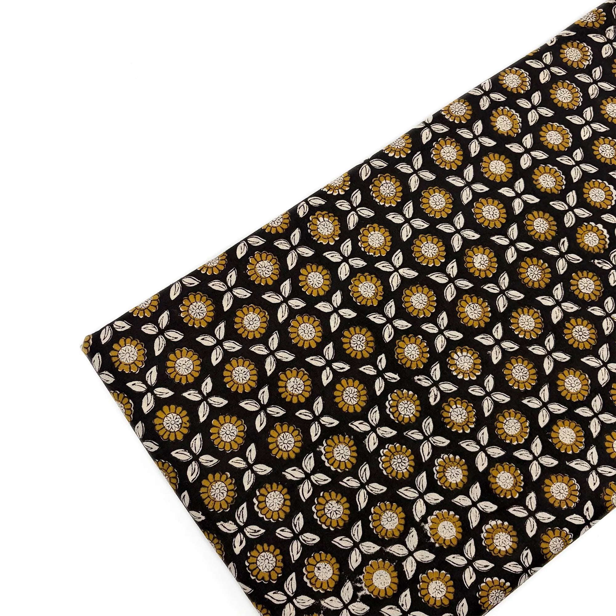 Black Mustard Floral Jaal Bagru Hand Block Printed Cotton Fabric