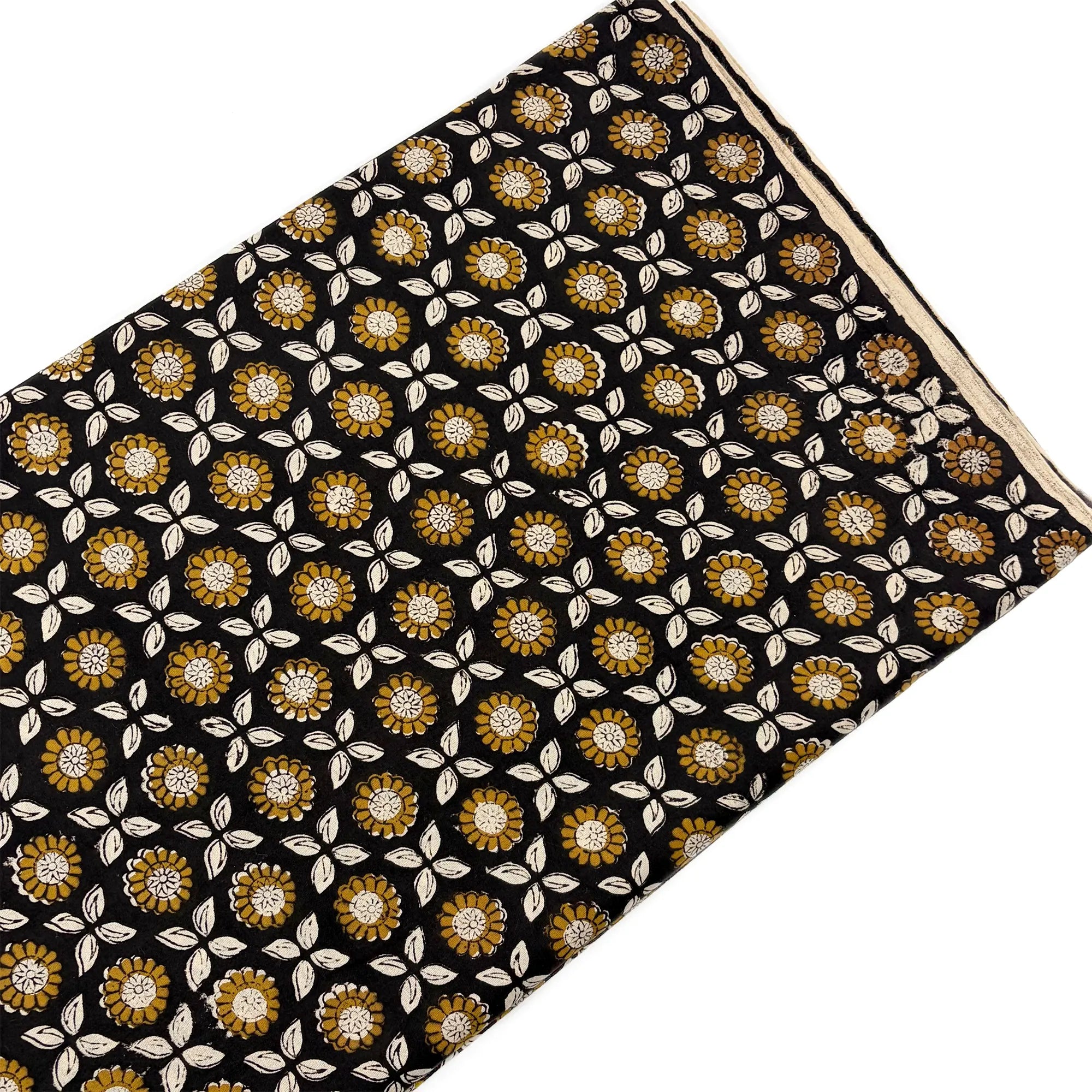 Black Mustard Floral Jaal Bagru Hand Block Printed Cotton Fabric