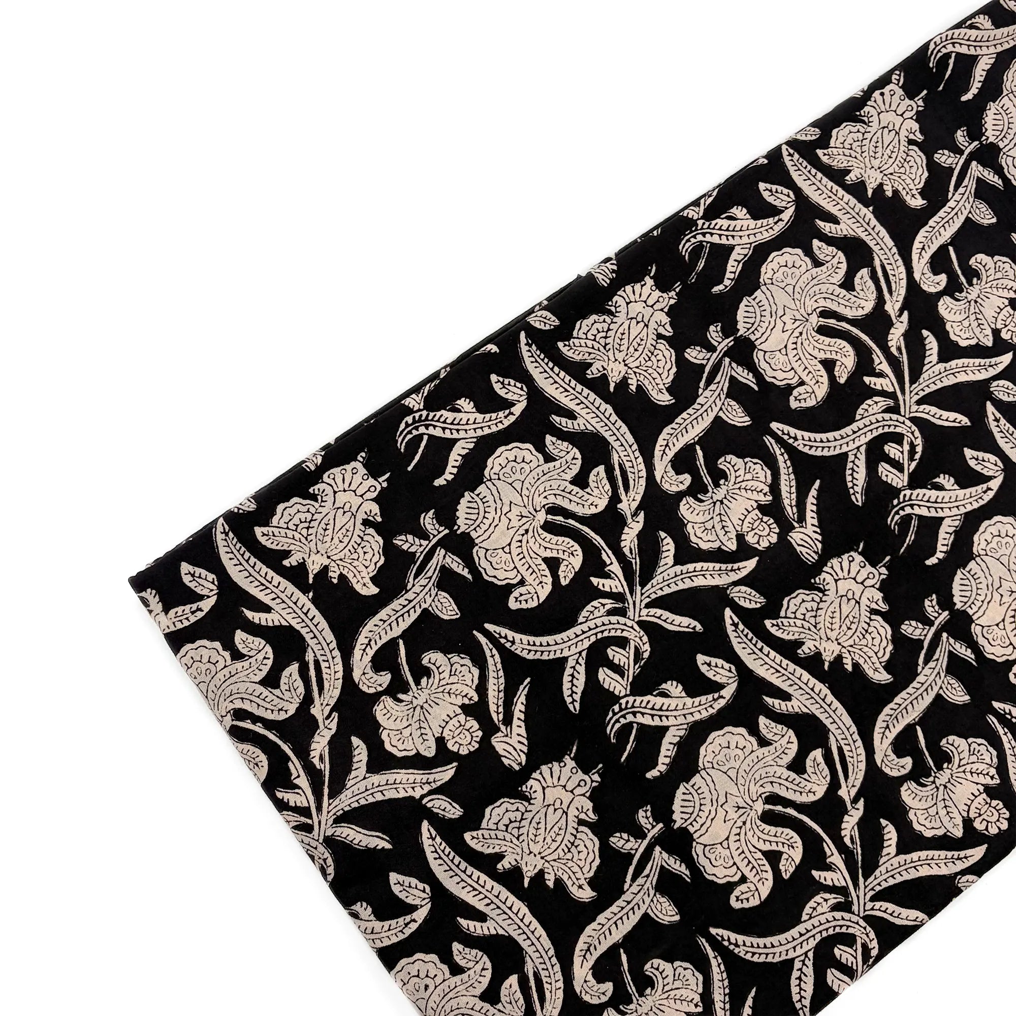 Black Ornate Floral Vine Bagru Hand Block Printed Cotton Fabric