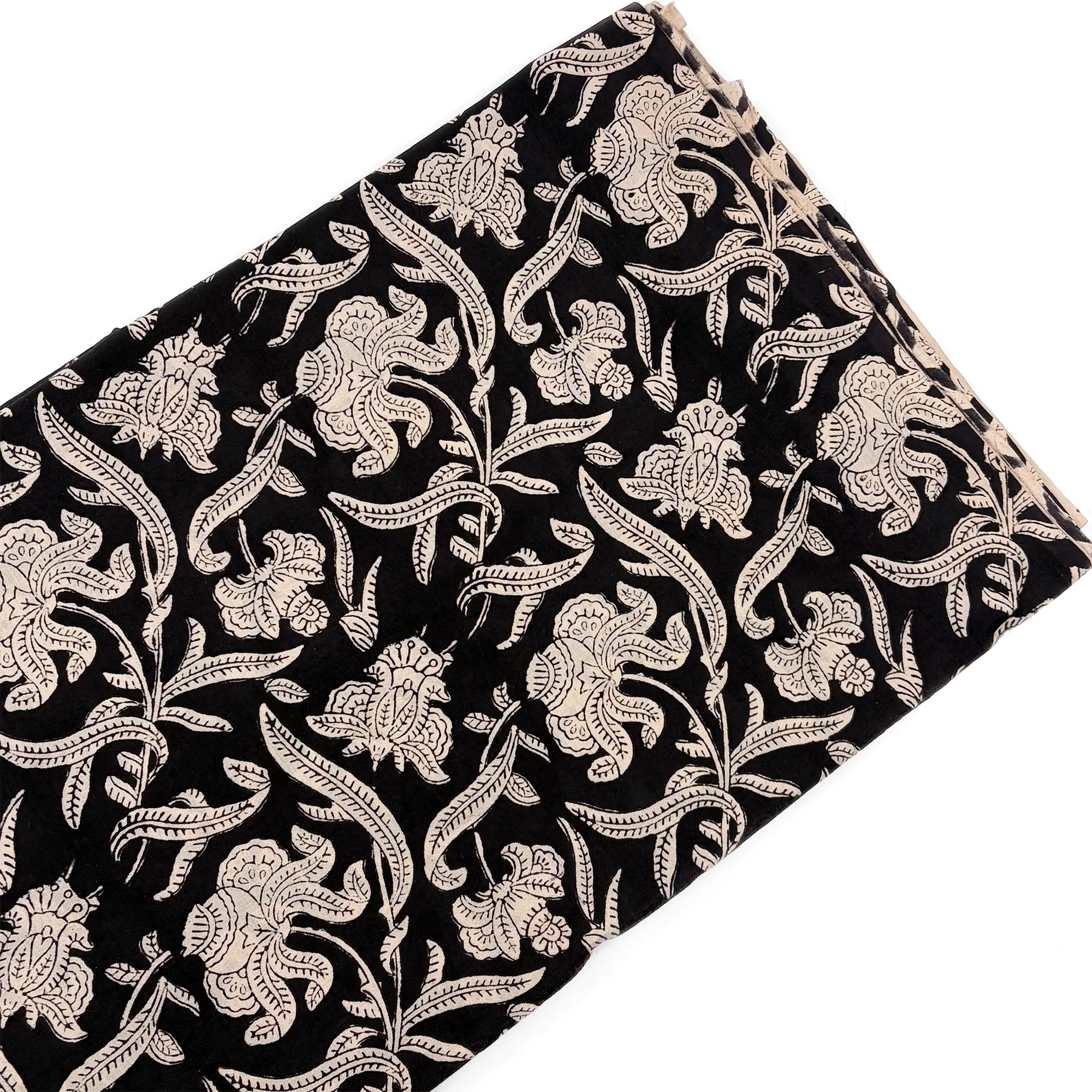 Black Ornate Floral Vine Bagru Hand Block Printed Cotton Fabric