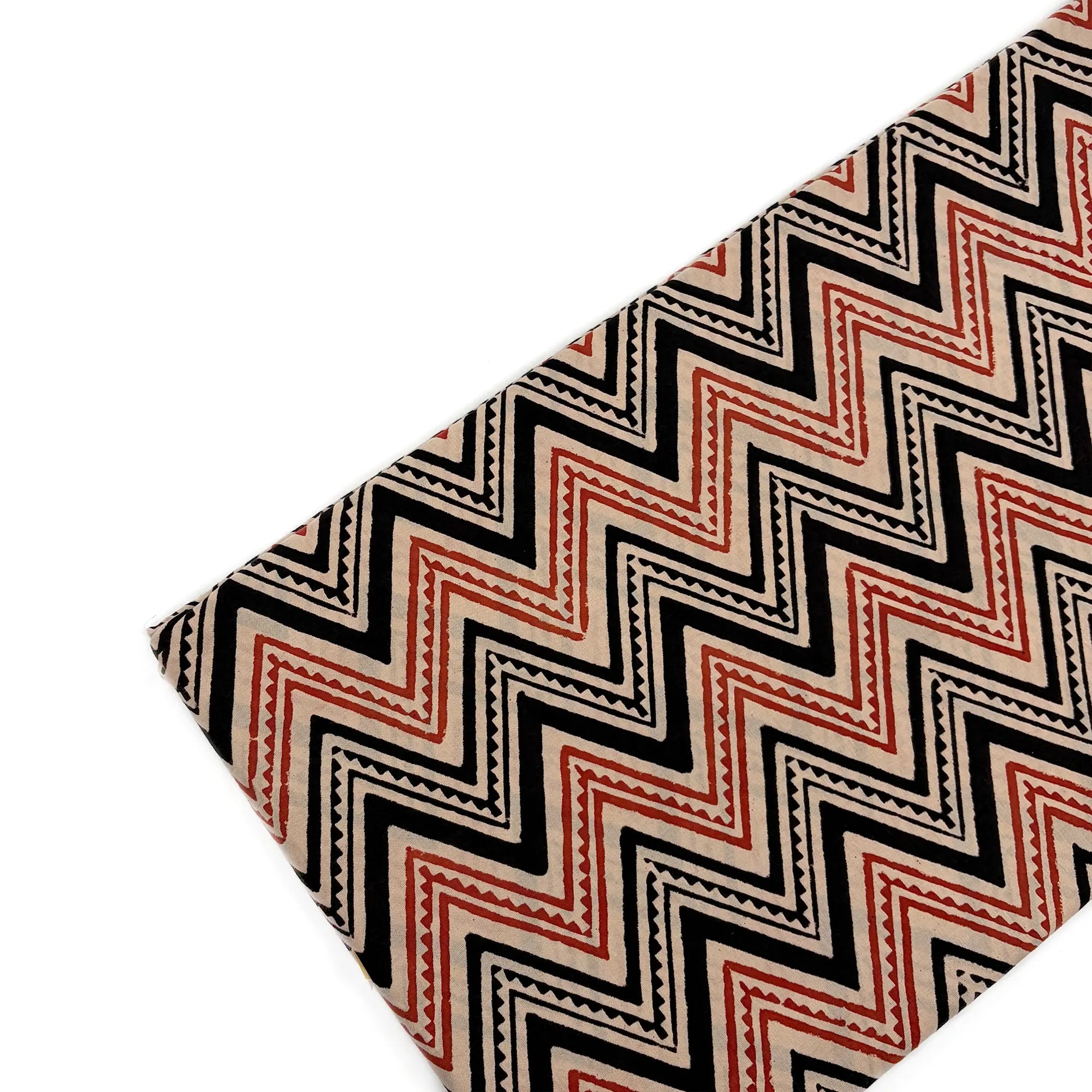 Black & Rust Zig Zag Bagru Hand Block Printed Cotton Fabric