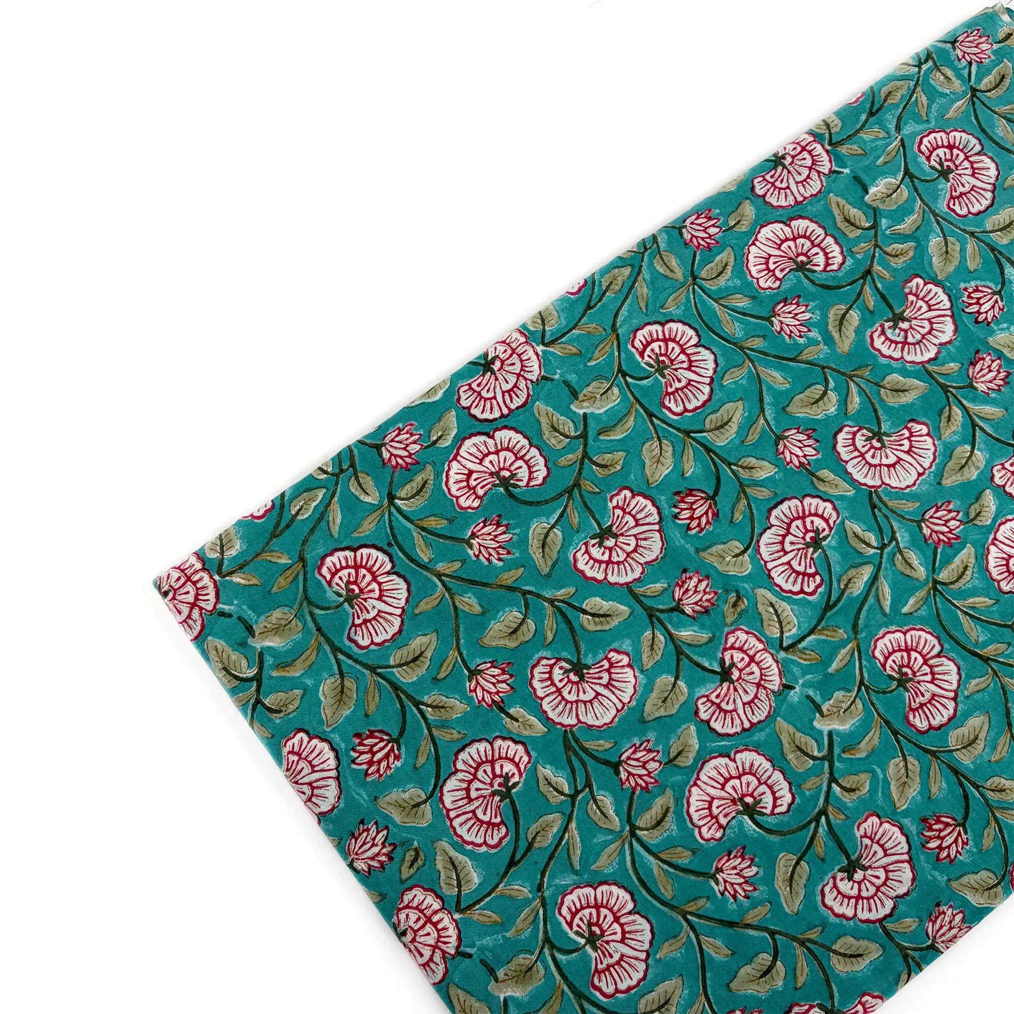 Green Floral Jaal Mughal Hand Block Printed Cotton Fabric