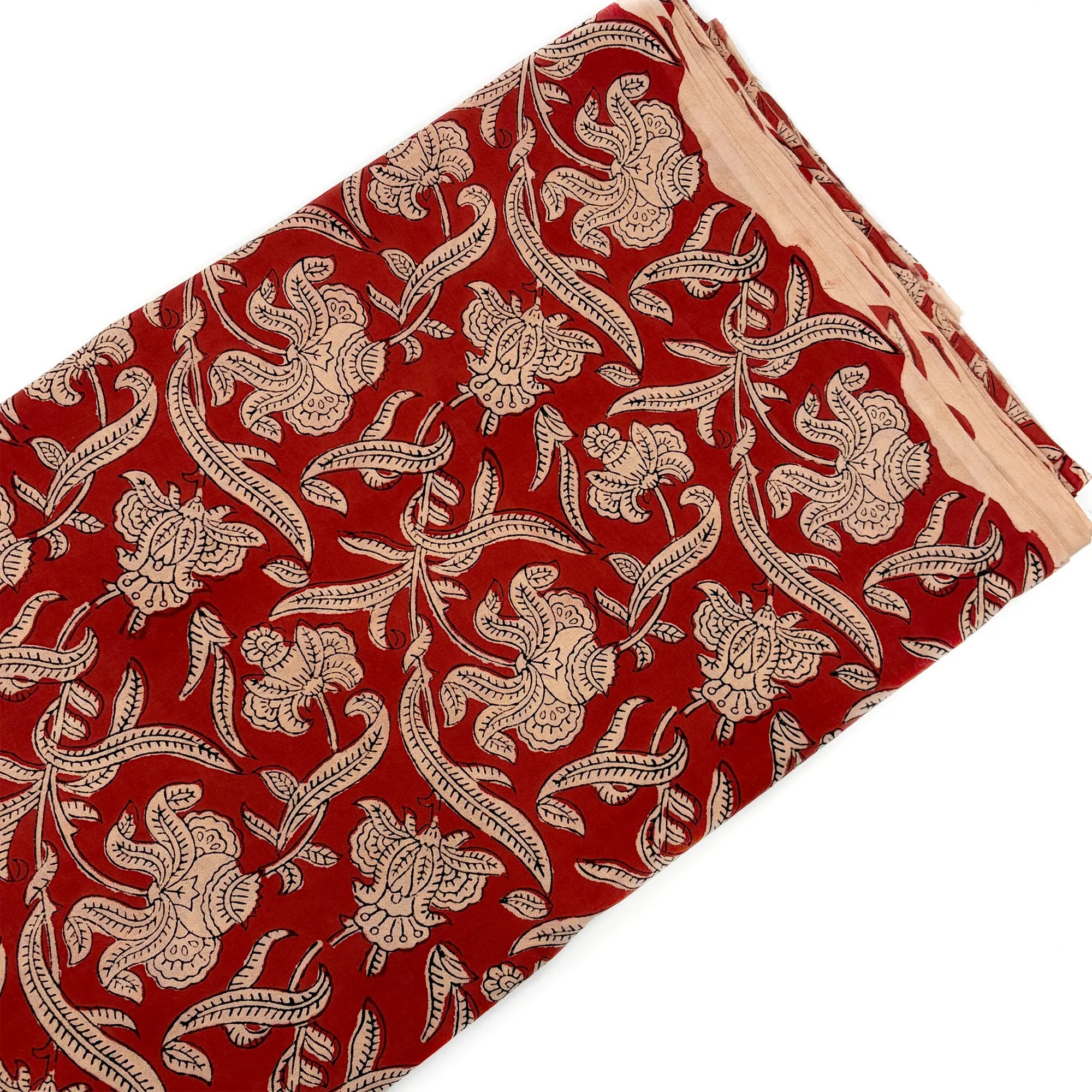 Rust Ornate Floral Vine Bagru Hand Block Printed Cotton Fabric