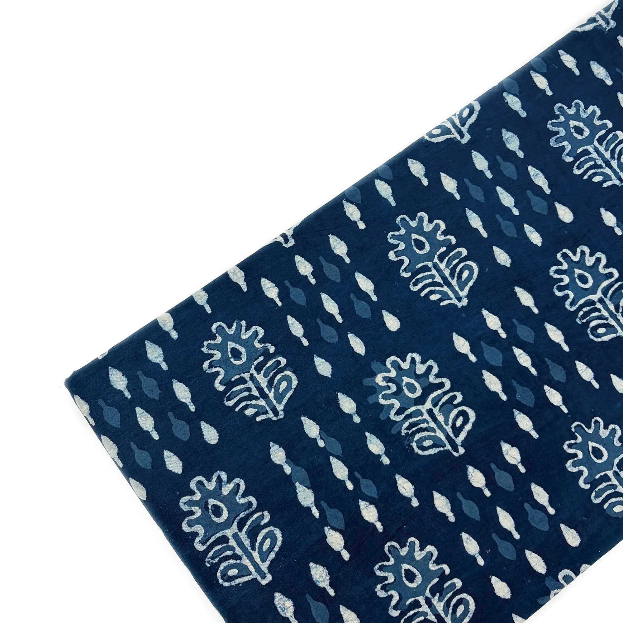 White Indigo Buta Hand Block Printed Cotton Fabric