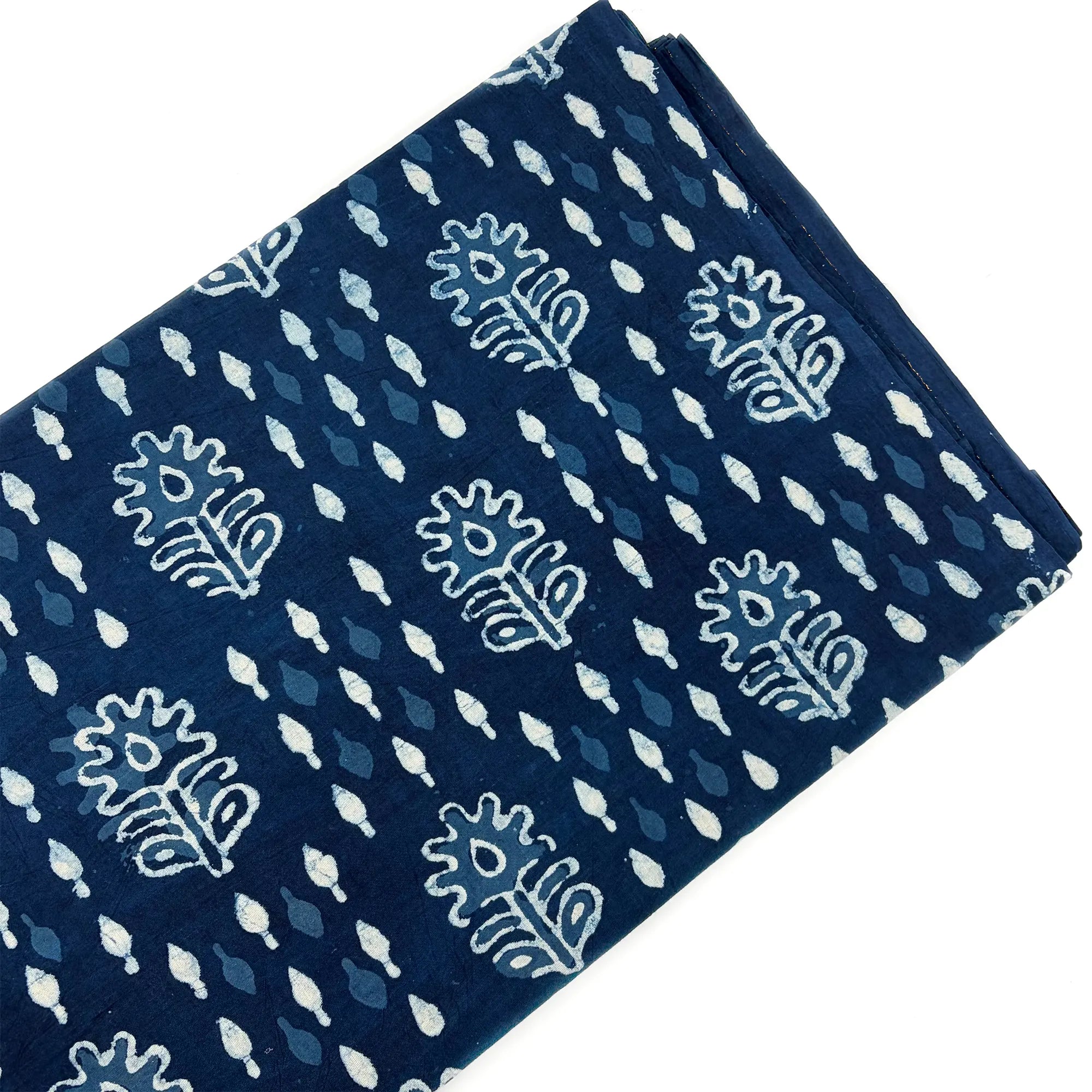 White Indigo Buta Hand Block Printed Cotton Fabric