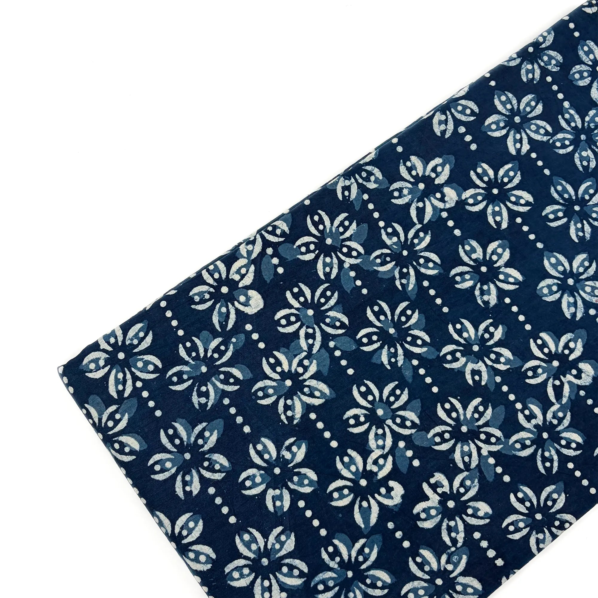 White Indigo Flower Hand Block Printed Cotton Fabric