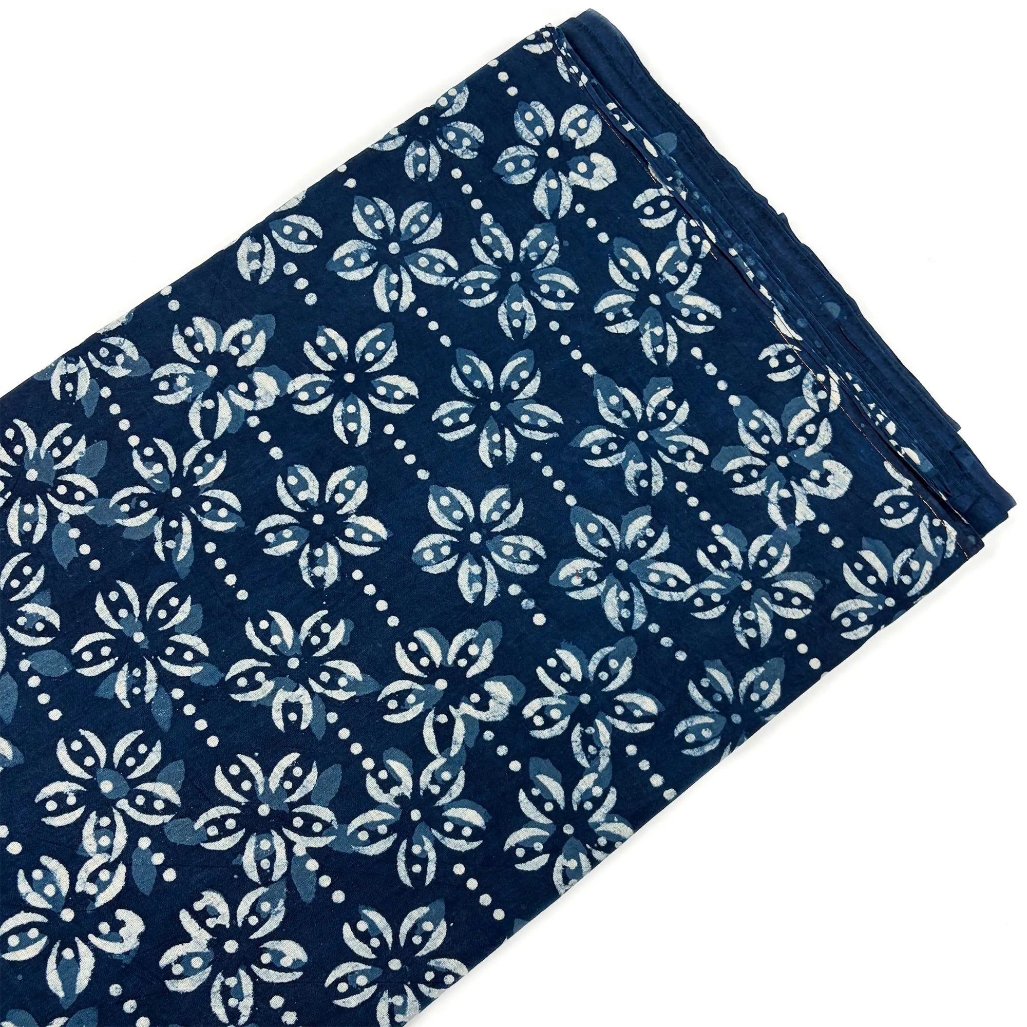 White Indigo Flower Hand Block Printed Cotton Fabric