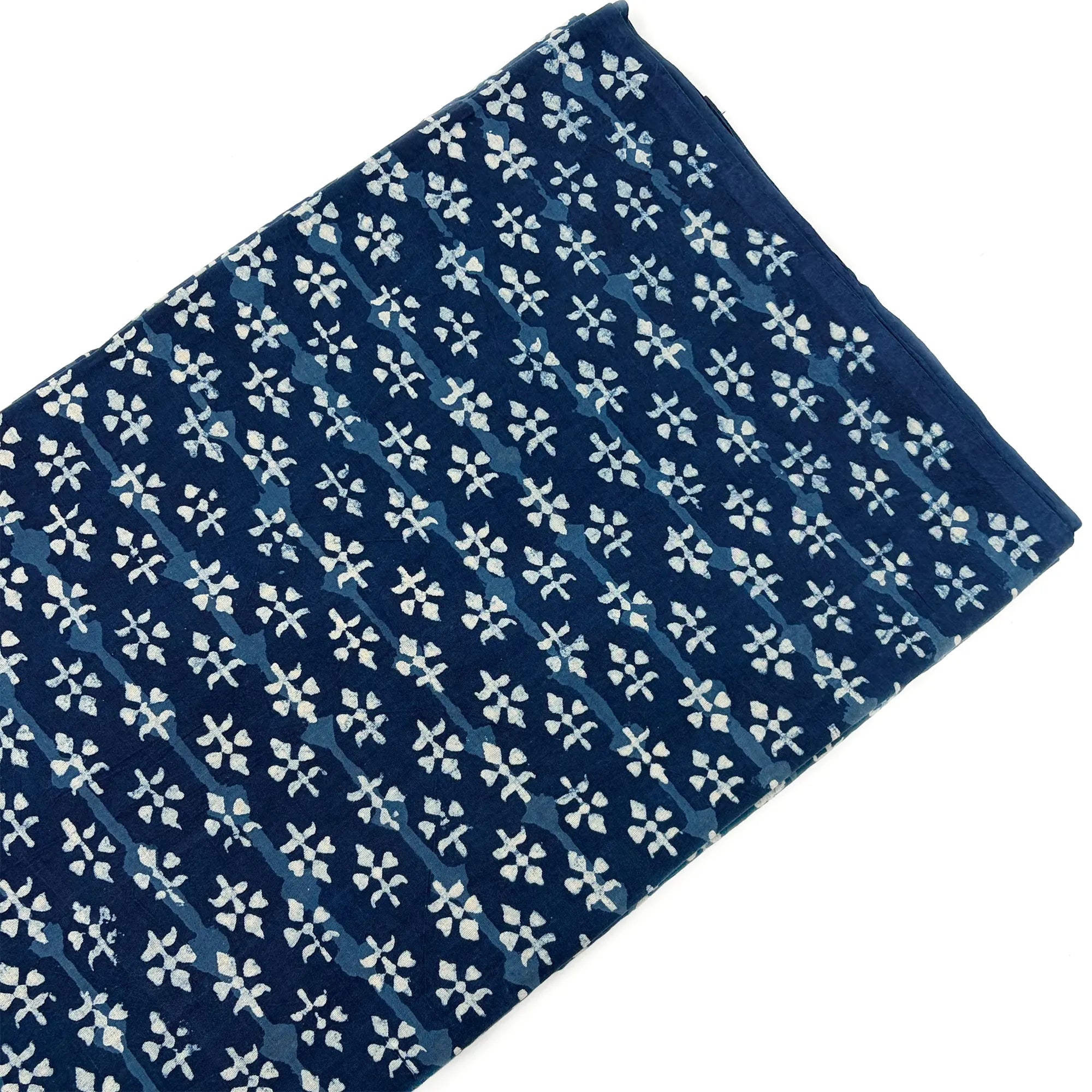 White Indigo Rose Buti Hand Block Printed Cotton Fabric