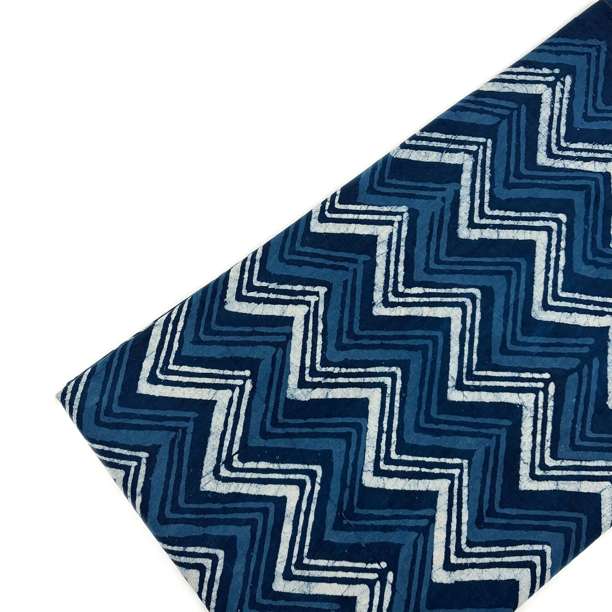 White Indigo Zig-Zag Hand Block Printed Cotton Fabric