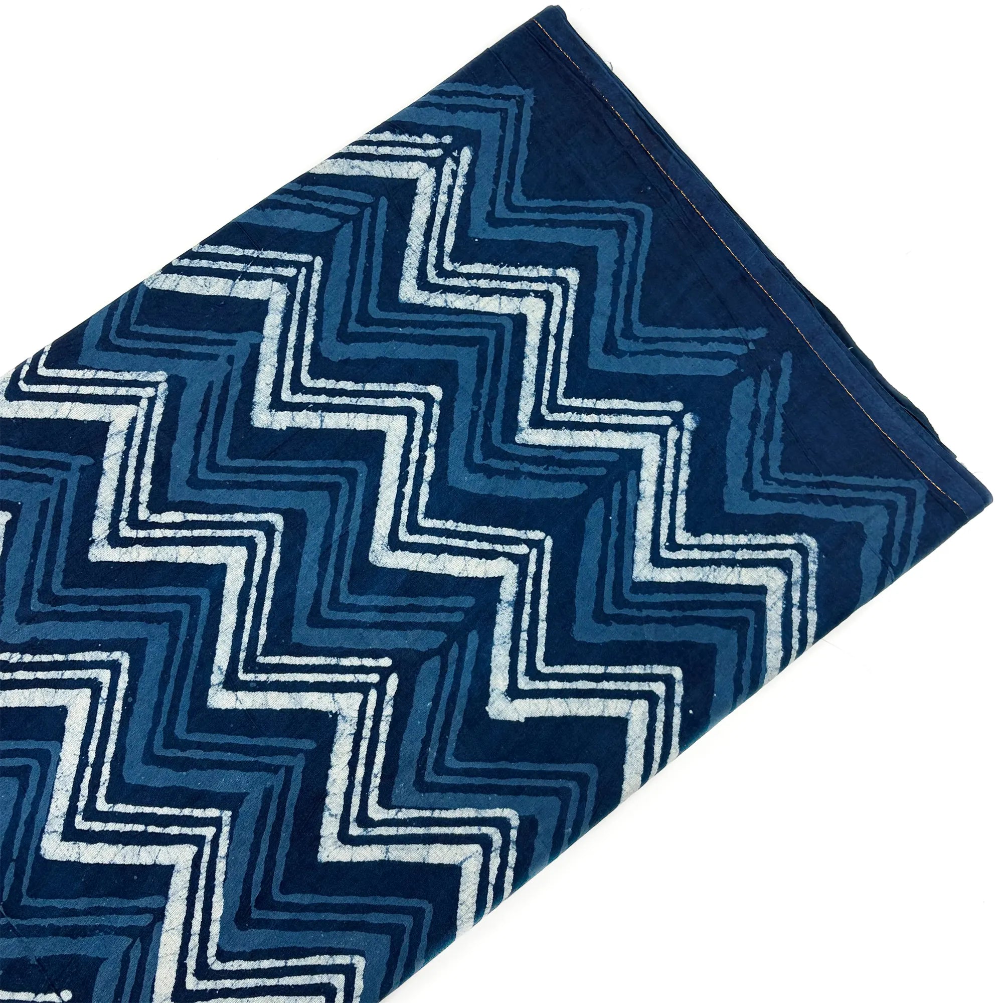 White Indigo Zig-Zag Hand Block Printed Cotton Fabric